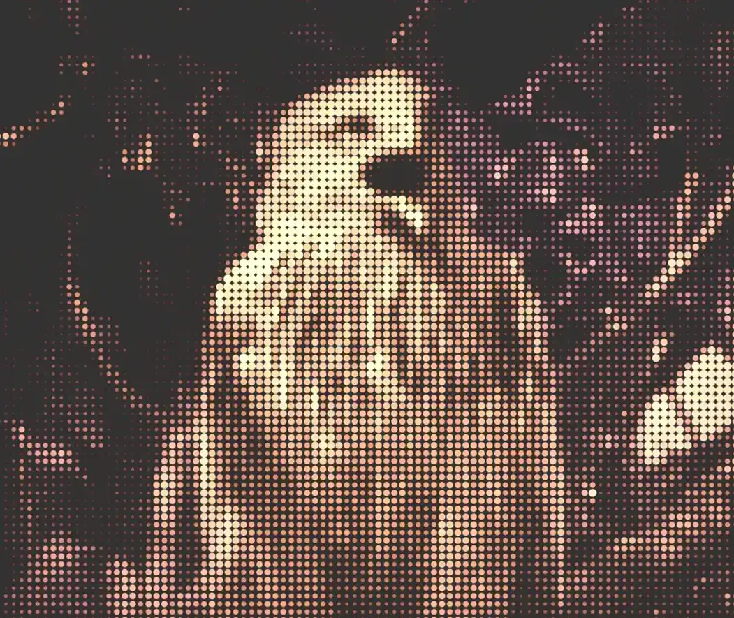 A photo of a red kite with its beak open made out of brown dots